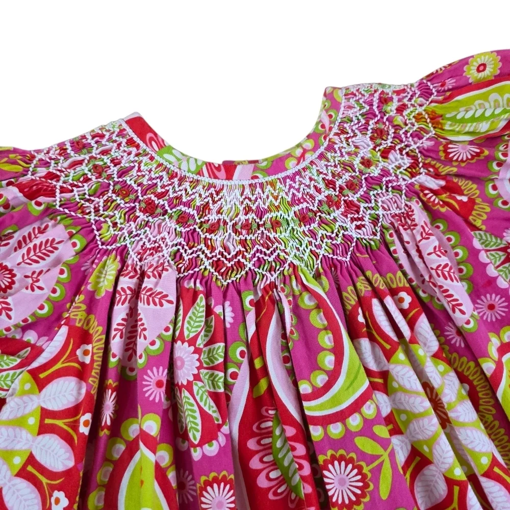 Three Sisters Smocked Floral Paisley Dress Girls 3T Pink Green 100% Cotton